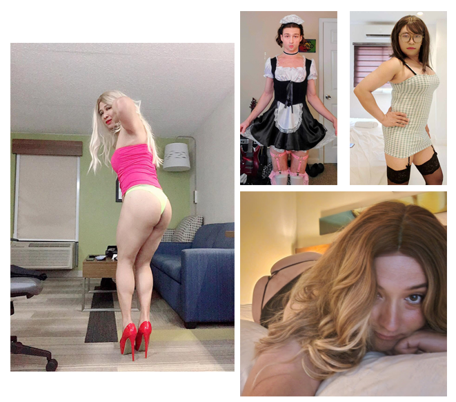 A collage of four femboys and crossdressers at home: one in a pink top and red heels, one in a black and white maid dress, one in a checked mini dress and stockings, and one lying on a bed
